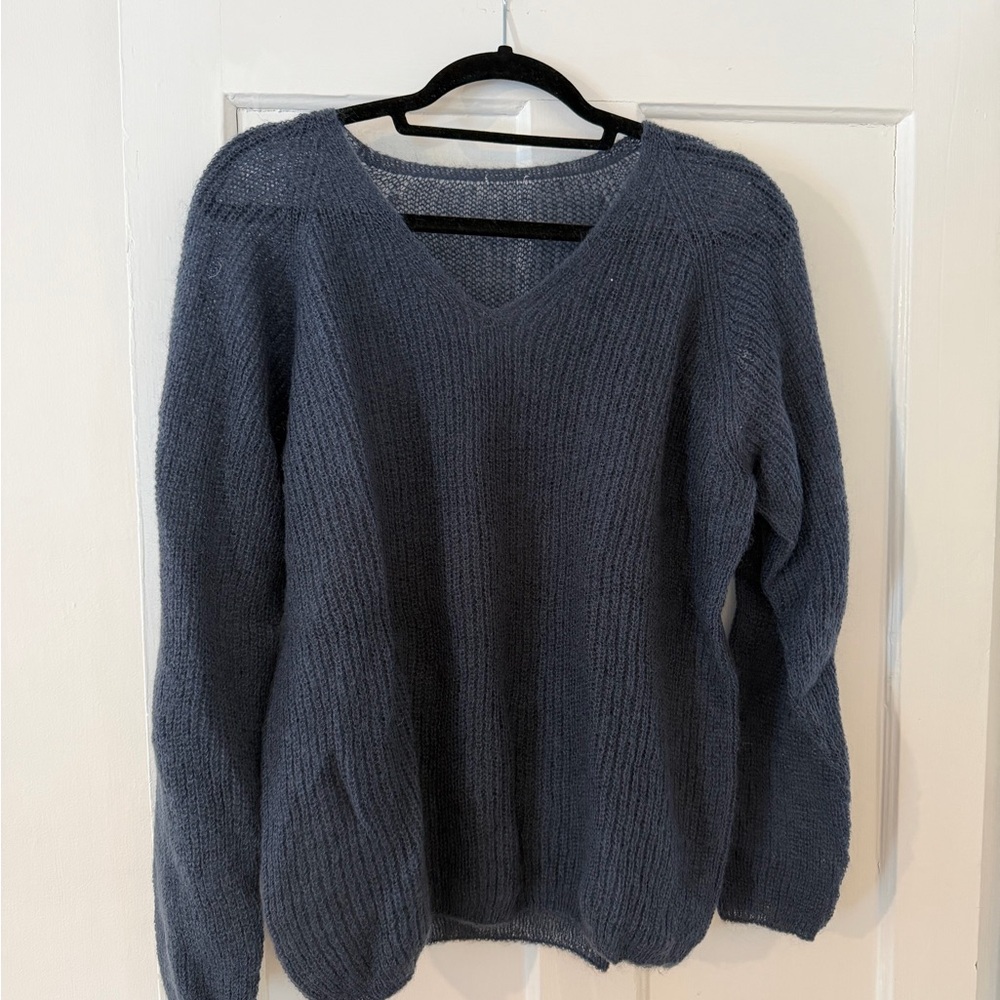 Cozy V-Neck Knit Sweater in Slate Blue